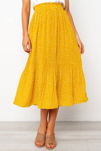 White Dots Floral Print Pleated Midi Skirt Women Elastic High Waist Side Pockets Skirts