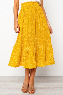 White Dots Floral Print Pleated Midi Skirt Women Elastic High Waist Side Pockets Skirts