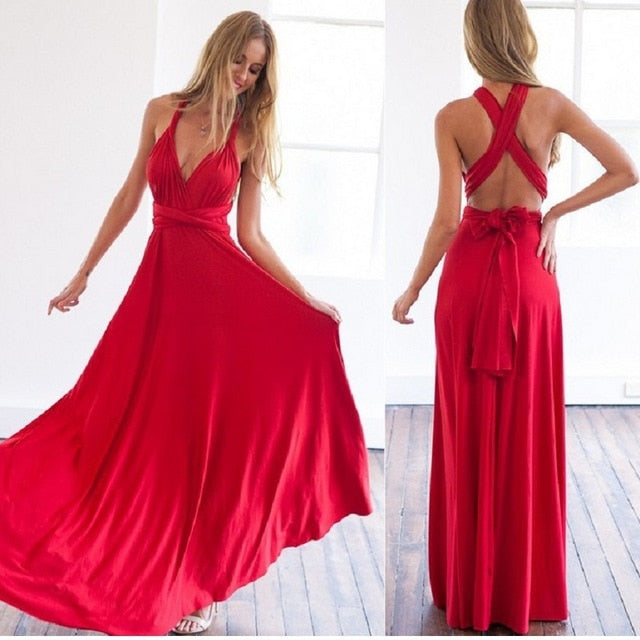 Women Multiway Wrap Convertible Boho Maxi Club Red Dress