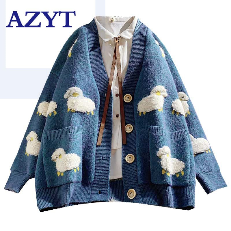 Loose Streetwear Knit Sweater Coat Cute Cartoon Print V Neck knitted cardigan