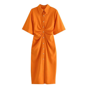 Women Chic Fashion Button-up Draped Midi Shirt Dress Vintage Short Dresses