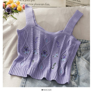 Knitted Crop Camis Top Ladies Floral Embroidery Knitted Short Vest Summer Crop Camis Top