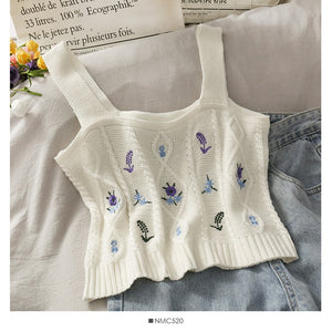 Knitted Crop Camis Top Ladies Floral Embroidery Knitted Short Vest Summer Crop Camis Top