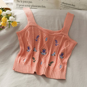 Knitted Crop Camis Top Ladies Floral Embroidery Knitted Short Vest Summer Crop Camis Top