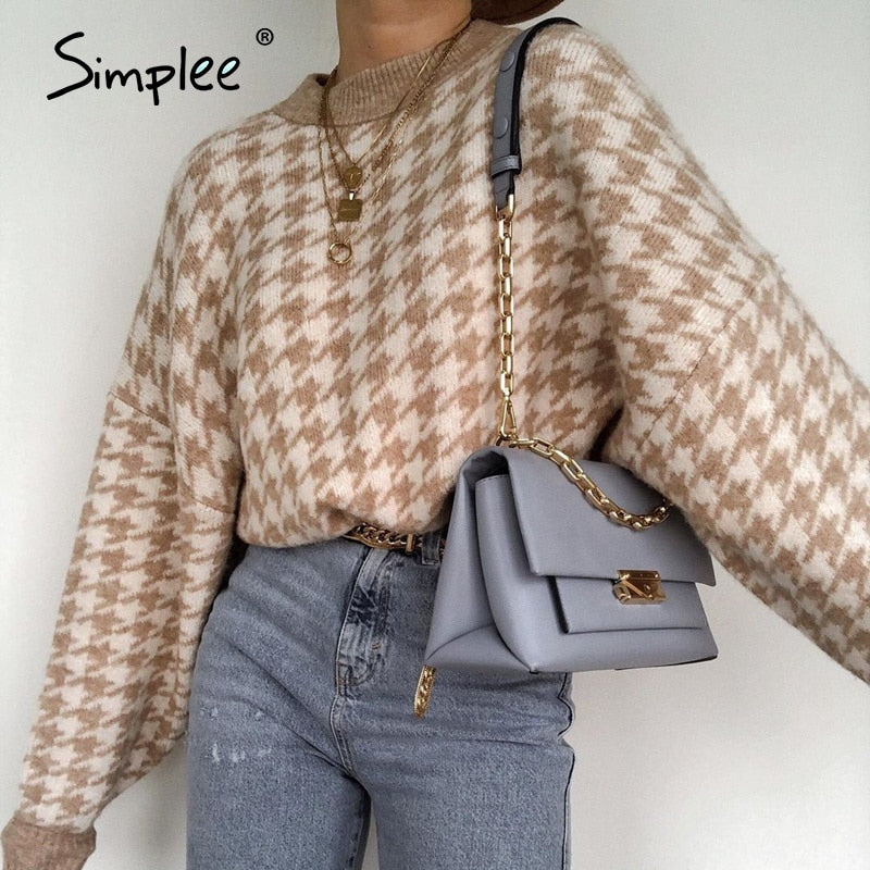 Women geometric khaki knitted sweater women casual Houndstooth lady pullover sweater female