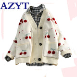 Fruit Cherry Embroidery Knitted Cardigan Autumn Oversize Woman Sweater Cardigan