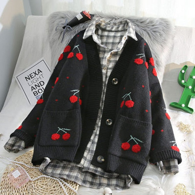 Fruit Cherry Embroidery Knitted Cardigan Autumn Oversize Woman Sweater Cardigan