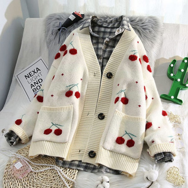 Fruit Cherry Embroidery Knitted Cardigan Autumn Oversize Woman Sweater Cardigan