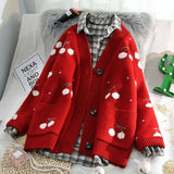Fruit Cherry Embroidery Knitted Cardigan Autumn Oversize Woman Sweater Cardigan