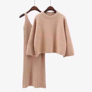 Tracksuit Knitted Suit Two Piece Set Women Casual Round Neck Sweater V-neck Mini Dress