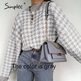 Women geometric khaki knitted sweater women casual Houndstooth lady pullover sweater female