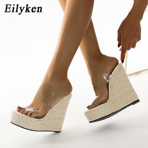 Eilyken Summer PVC Transparent Peep Toe Cane Straw Weave Platform Wedges Slippers