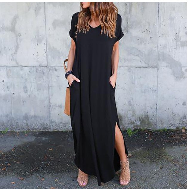 Women Dress Summer Solid Casual Short Sleeve Maxi Dress For Women Long Dress