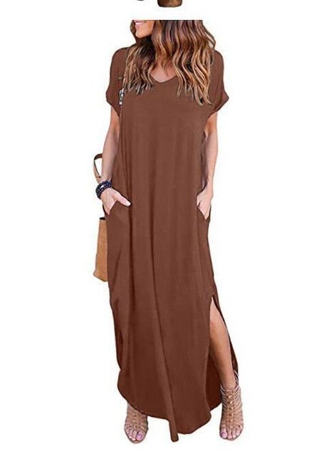 Women Dress Summer Solid Casual Short Sleeve Maxi Dress For Women Long Dress