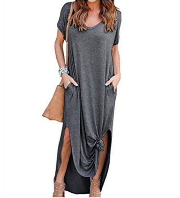 Women Dress Summer Solid Casual Short Sleeve Maxi Dress For Women Long Dress