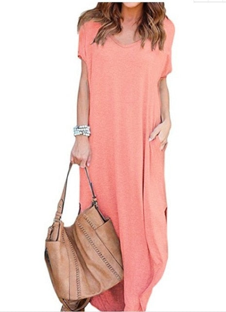 Women Dress Summer Solid Casual Short Sleeve Maxi Dress For Women Long Dress