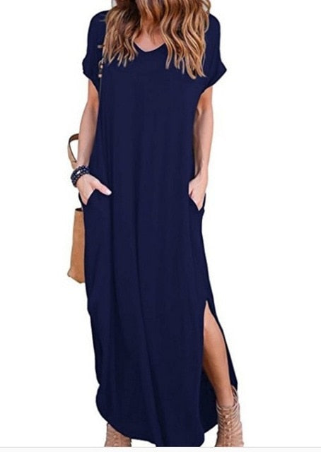 Women Dress Summer Solid Casual Short Sleeve Maxi Dress For Women Long Dress