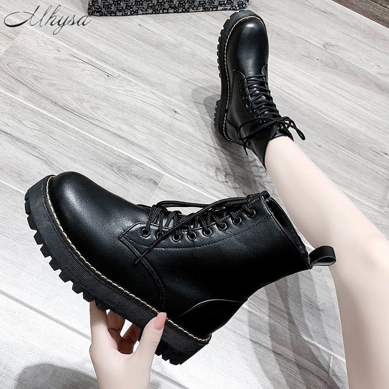 Women's Boots Lace Up Mid-Calf Round Head Women Boots Black Square-Heel