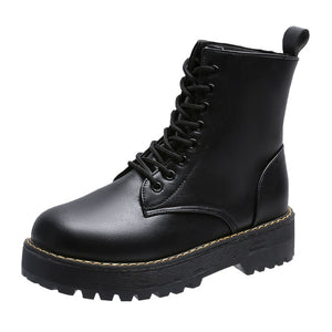 Women's Boots Lace Up Mid-Calf Round Head Women Boots Black Square-Heel