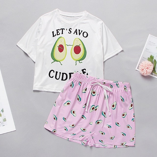 Cartoon Print Short Set Pajamas for Women  Pajama Set Sweet Short Sleeve