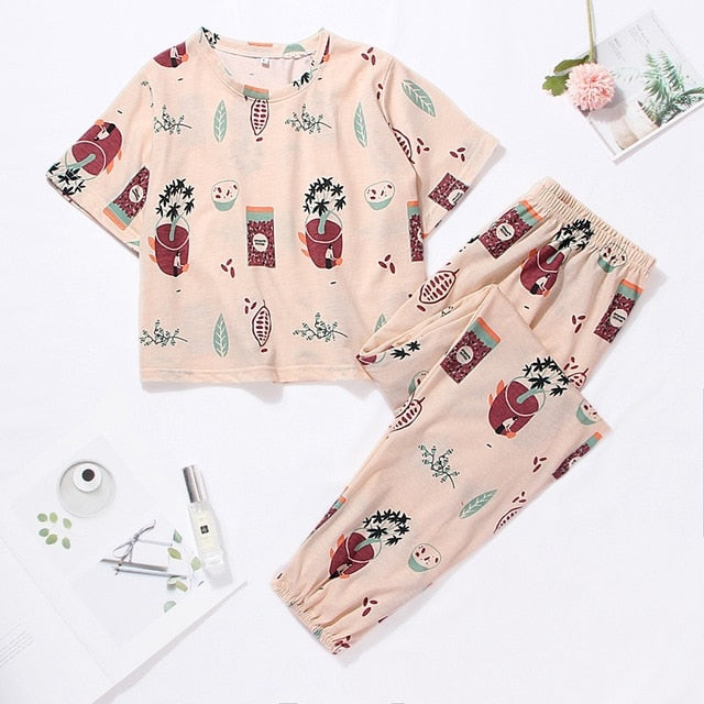 Cartoon Print Short Set Pajamas for Women  Pajama Set Sweet Short Sleeve