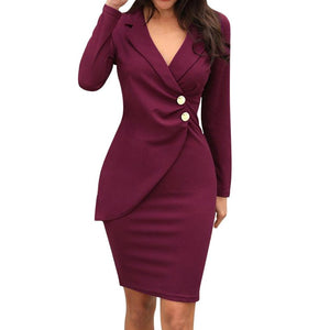 Office Ladies Mini Dresses Women Turn Down Neck Long Sleeve Casaul Work Formal Dress