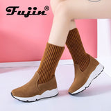 Women Snow Boots Flock Stretch Sock Plush Fur Booties Suede Warm Shoes Snow Sneaker