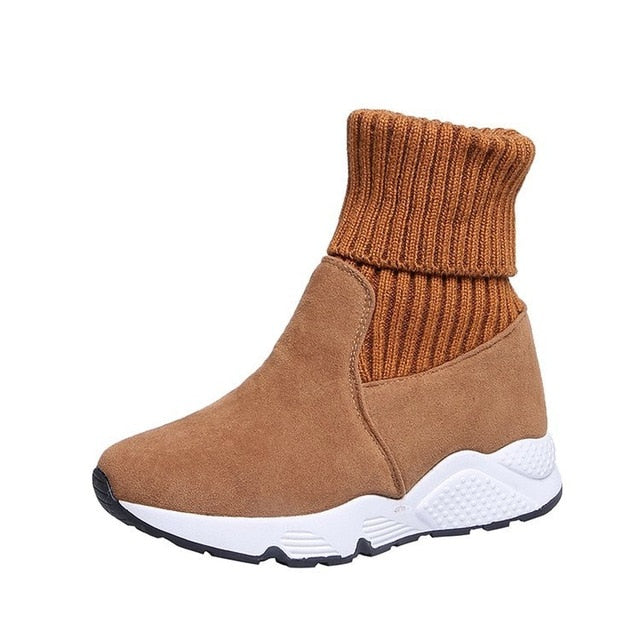 Women Snow Boots Flock Stretch Sock Plush Fur Booties Suede Warm Shoes Snow Sneaker