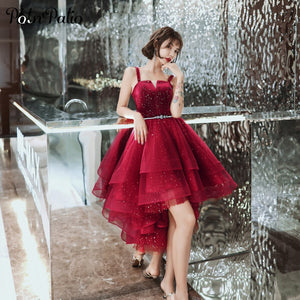 Sexy Spaghetti Straps Wine Red Tiered Short Prom Gowns Star Sequins High Low Graduation Dresses