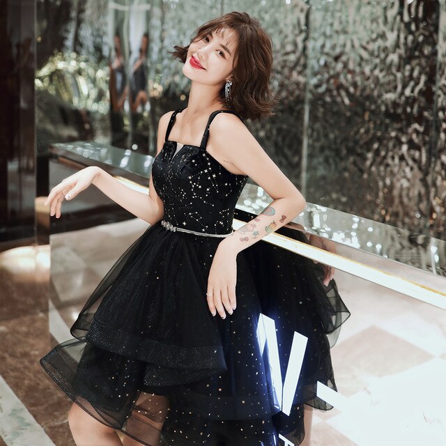 Sexy Spaghetti Straps Wine Red Tiered Short Prom Gowns Star Sequins High Low Graduation Dresses