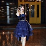 Sexy Spaghetti Straps Wine Red Tiered Short Prom Gowns Star Sequins High Low Graduation Dresses