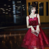 Sexy Spaghetti Straps Wine Red Tiered Short Prom Gowns Star Sequins High Low Graduation Dresses