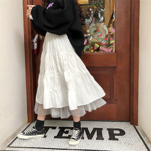 Long Tulle Midi Skirts Elastic High Waist Mesh Tutu Pleated Skirts Female Black White
