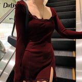 Bodycon Black Dress Women Elegant Cotton Fashion Side Split Autumn Dress
