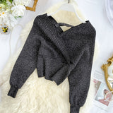 V-neck Fashion Bright Silk Sweater Women's Autumn Bat Sleeves Short Waist Bottoming Shirt Winter