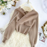 V-neck Fashion Bright Silk Sweater Women's Autumn Bat Sleeves Short Waist Bottoming Shirt Winter