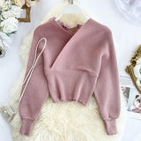 V-neck Fashion Bright Silk Sweater Women's Autumn Bat Sleeves Short Waist Bottoming Shirt Winter