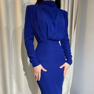 Women Dress Stand Collar Slim Waist Solid Blue Ankle Length Autumn