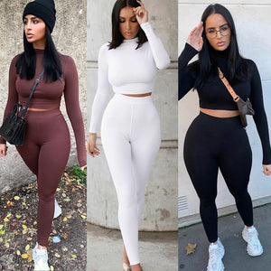 Women Solid Autumn Tracksuits High Waist Hot Crop Tops And Leggings Matching Outfits