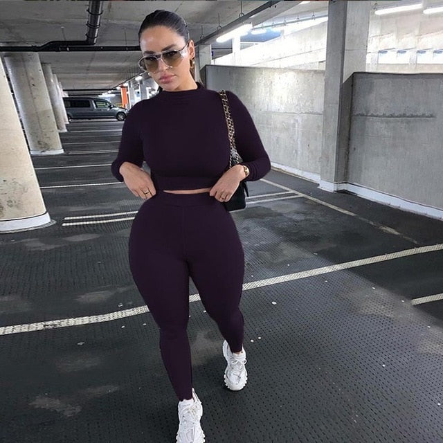 Women Solid Autumn Tracksuits High Waist Hot Crop Tops And Leggings Matching Outfits