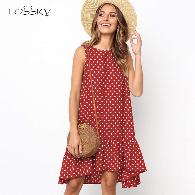 Women Summer Dress Polka Dot Chiffon Sleeveless Beach Mini Casual Yellow Sundress