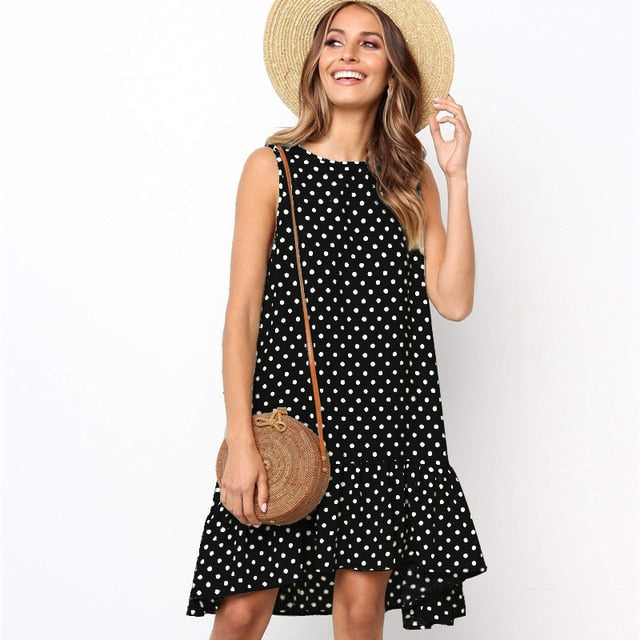 Women Summer Dress Polka Dot Chiffon Sleeveless Beach Mini Casual Yellow Sundress