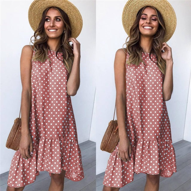 Women Summer Dress Polka Dot Chiffon Sleeveless Beach Mini Casual Yellow Sundress