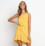 Women Summer Dress Polka Dot Chiffon Sleeveless Beach Mini Casual Yellow Sundress