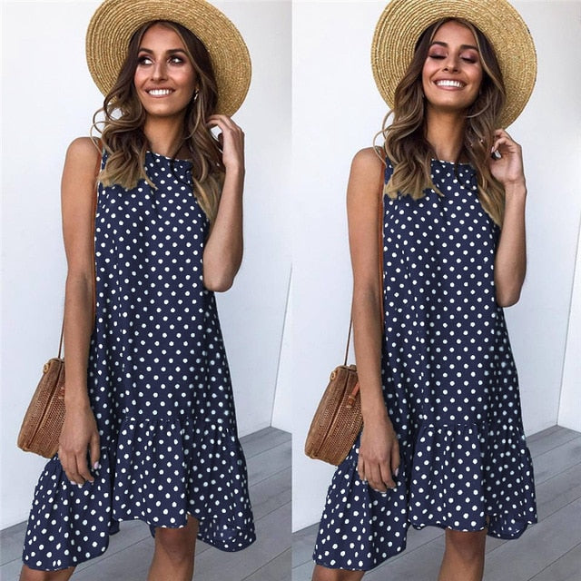 Women Summer Dress Polka Dot Chiffon Sleeveless Beach Mini Casual Yellow Sundress