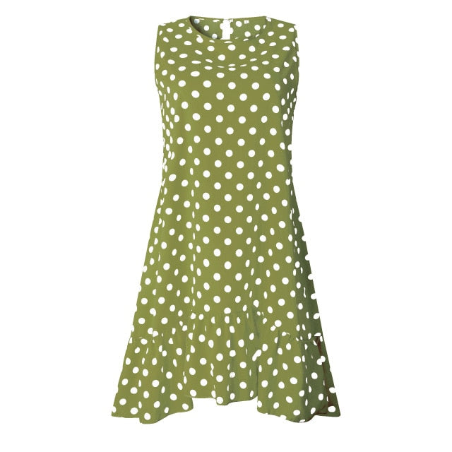 Women Summer Dress Polka Dot Chiffon Sleeveless Beach Mini Casual Yellow Sundress