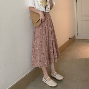 Vintage Floral Print A-line Pleated Long Skirts Streetwear Drawstring Elastic Waist Midi Skirt