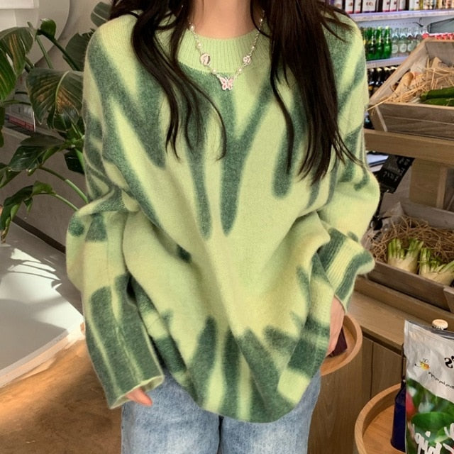 Women Elegant Green Striped Oversized Pullovers Women Winter Loose Long Sweaters