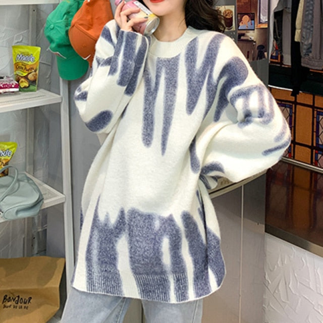 Women Elegant Green Striped Oversized Pullovers Women Winter Loose Long Sweaters