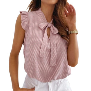 Shirt Summer Bow Lace Up Polka Dot Female Ruffle Pullover Vintage shirts